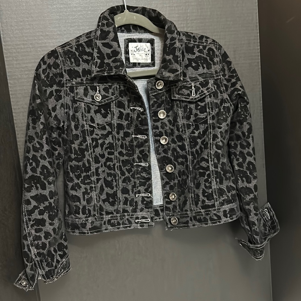 Justice Leopard Print Jean Jacket - Girls Size M